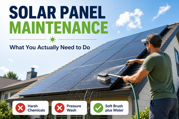 Solar maintenance: person cleaning rooftop solar panels with brush and hose, three callouts — harsh chemicals X, pressure wash X, soft brush water.