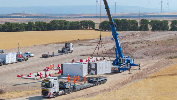 Statkraft Hithium battery energy storage containers arriving at Montes de Cierzo wind farm Tudela Spain hybrid BESS installation