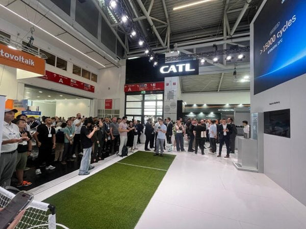 CATL presenting the TENER sodium-ion battery energy storage system at The Smarter E Europe trade show in Munich featuring breakthrough sodium-ion energy density improvements