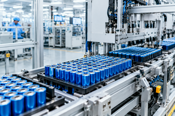 Automated production line assembling lithium iron phosphate battery modules in a factory