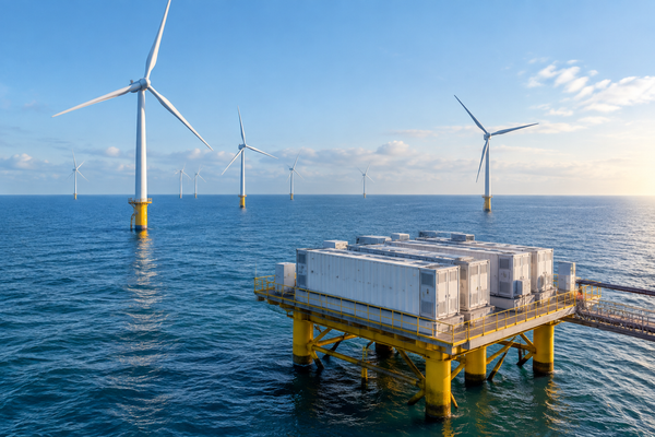 Offshore wind farm with grid-scale battery energy storage containers representing the Masdar and Luxcara Germany BESS partnership
