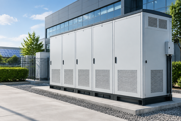 Sodium-ion battery storage cabinet deployed at a commercial facility for peak shaving and backup power