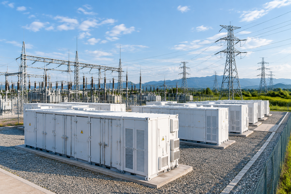 Utility-scale battery storage containers sited at an Austrian grid interconnection substation