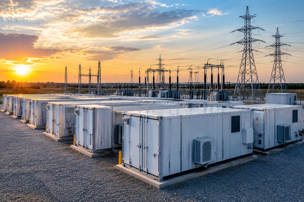 Utility-scale battery energy storage system containers sited at a grid interconnection substation in the Texas ERCOT region