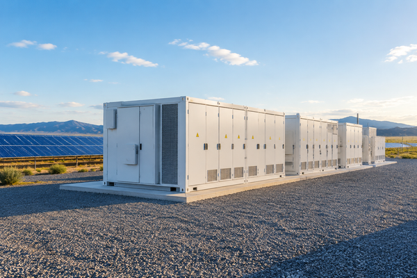 Standardized gigawatt-scale battery storage unit deployed alongside a utility solar farm with inverter housing