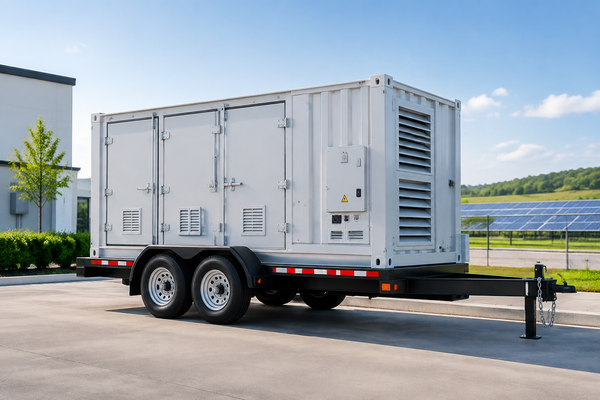 Compact containerized behind-the-meter battery storage unit ready for residential or commercial backup deployment