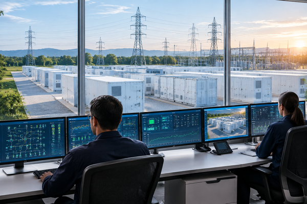 Control room monitoring a national electricity grid with grid-scale battery storage containers supplying firm capacity