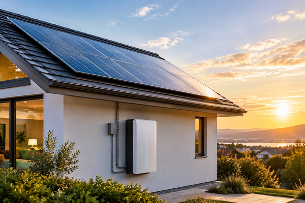 Residential rooftop solar panels connected to a wall-mounted LiFePO4 home battery storage unit
