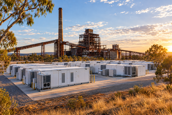 Large grid-scale battery storage enclosure replacing a retired coal power station under a clear Australian sky