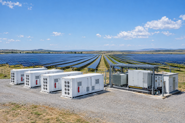 Solar photovoltaic park with co-located battery storage containers and a hybrid inverter station in a sunny rural landscape