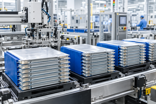 Lithium battery cell production line with stacked LFP cells destined for utility and portable energy storage products