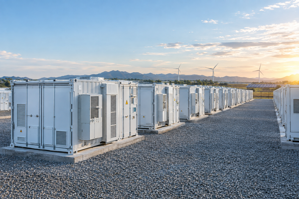 Rows of utility-scale battery storage containers at a large renewable energy project
