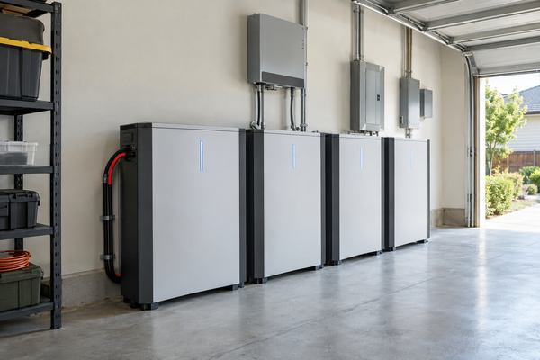 Residential lithium battery backup cabinets installed in a home garage for emergency power