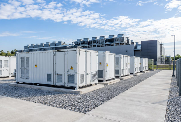 Rows of utility-scale battery storage containers beside a data center, supplying grid-forming backup power