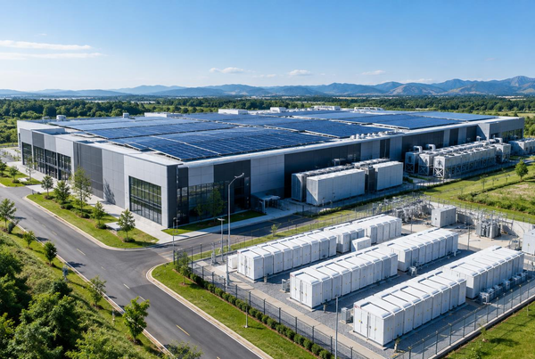 A modern data center building with rooftop solar panels and on-site battery storage units