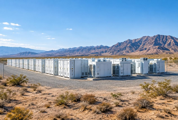 A large grid-scale battery energy storage system installed in an arid desert landscape near a city