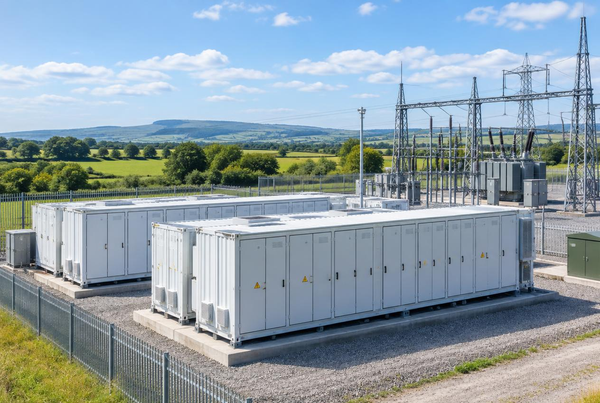 Battery storage containers installed at a rural electrical substation in the Italian countryside