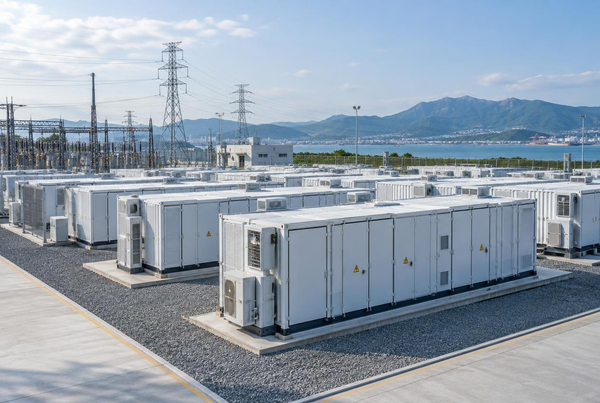 Rows of utility-scale battery storage containers at a South Korean power plant supplying grid-forming backup power