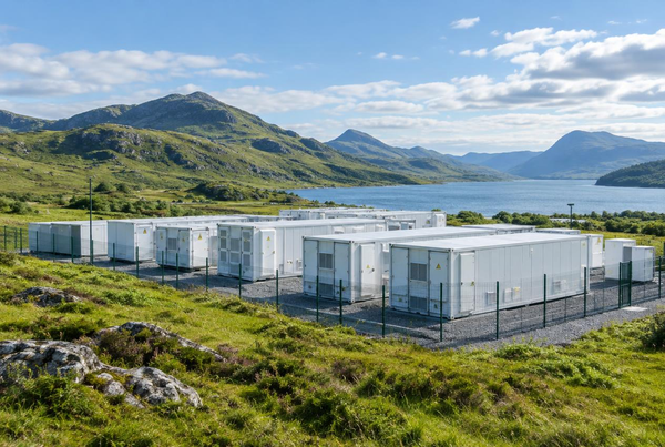 Large battery energy storage system containers in a green Scottish landscape supplying grid-scale backup power