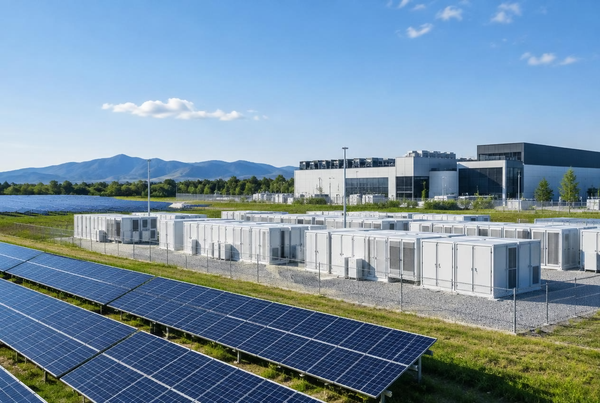 Utility-scale battery storage site with solar panels and a data center in the background