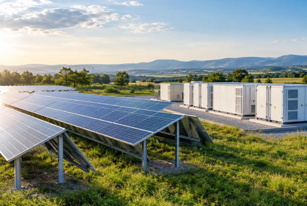 Bifacial solar panels on a ground-mount array beside battery storage containers at a European solar farm