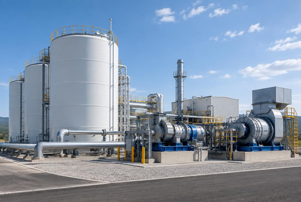 Industrial compressed air energy storage plant with large tanks, compressors and turbines above ground