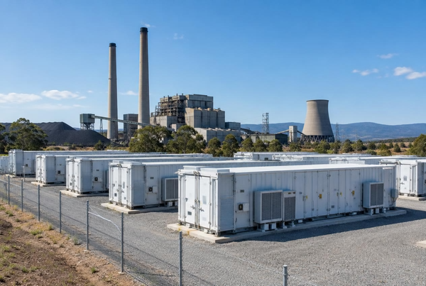 Battery energy storage system containers repurposing a retired coal power plant site in Australia