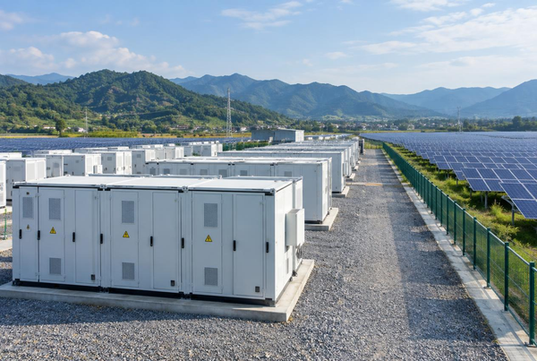 Rows of utility-scale battery storage cabinets connected to a solar farm under a clear sky