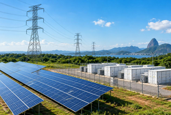 Solar power plant with battery storage and transmission towers under a Brazilian sky