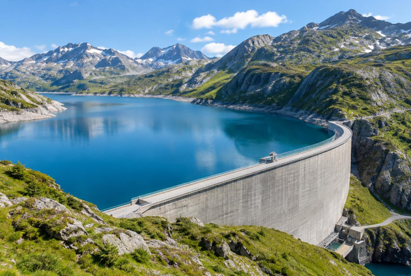 Upper reservoir of a pumped hydro storage plant nestled in a mountainous landscape, illustrating long-duration grid-scale energy storage