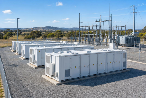 Utility-scale lithium iron phosphate battery energy storage containers installed at a regional substation in the Australian countryside