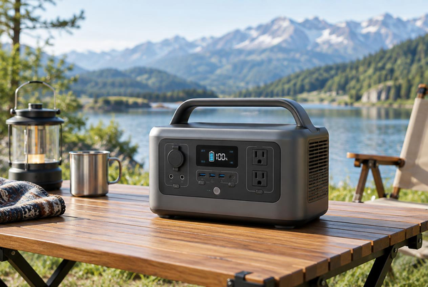A lightweight portable power station device sitting on a wooden table outdoors, representing sodium-ion and LFP mobile energy storage