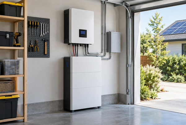 A 5kW hybrid solar inverter paired with a 5.12kWh LiFePO4 home battery cabinet installed in a residential garage