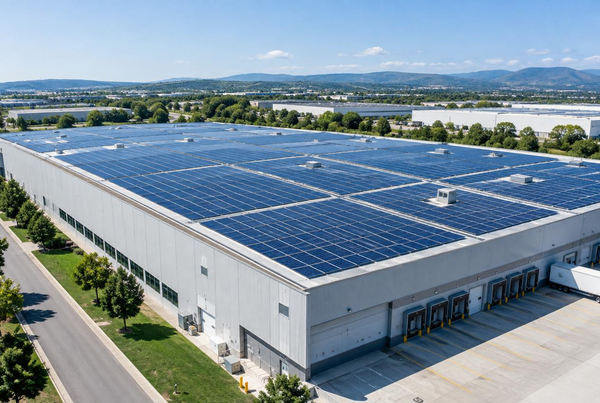 Rooftop solar panels covering the roof of a large industrial warehouse, demonstrating commercial distributed generation