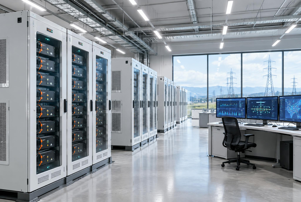 Lithium battery energy storage cabinets in a grid control facility representing battery revenue optimization, merchant arbitrage, and peak s