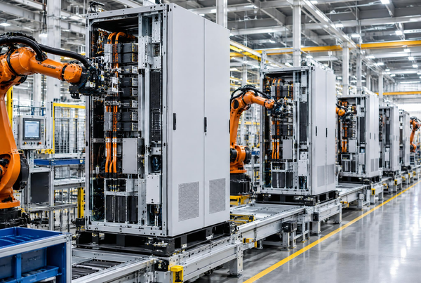Power conversion system PCS inverter cabinets on a manufacturing assembly line, representing domestic US inverter production