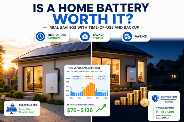 Home battery ROI cover: house with solar and LiFePO4 battery, time-of-use chart, coins, night backup scene, three callouts.