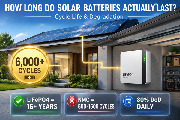 Battery lifespan cover: LiFePO4 home battery with 6000+ cycles badge, solar rooftop, three callouts - 16+ years, NMC 500-1500 cycles, 80% DoD daily.