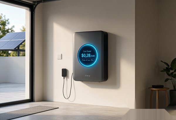 Home wall-mounted battery storage system with cost savings display for time-of-use optimization
