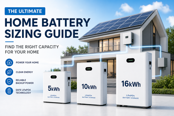 Home battery sizing guide cover: three white LiFePO4 battery units labeled 5kWh, 10kWh, 16kWh, modern house with rooftop solar, blue sky.