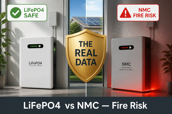 LiFePO4 vs NMC home battery fire risk comparison: LiFePO4 safe battery with green LED vs NMC battery with red warning glow, real data shield