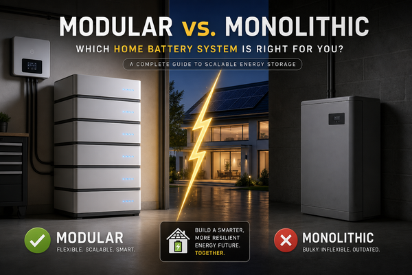 Modular vs monolithic home battery comparison: scalable stacked units with blue LEDs versus single bulky battery