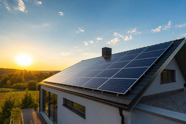 Solar panels on a rooftop at sunset representing debunking solar energy myths