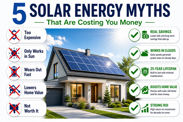 Solar myths cover: home with solar panels, five myths with red X marks vs green checkmark truths — savings, cloud performance, lifespan, value.