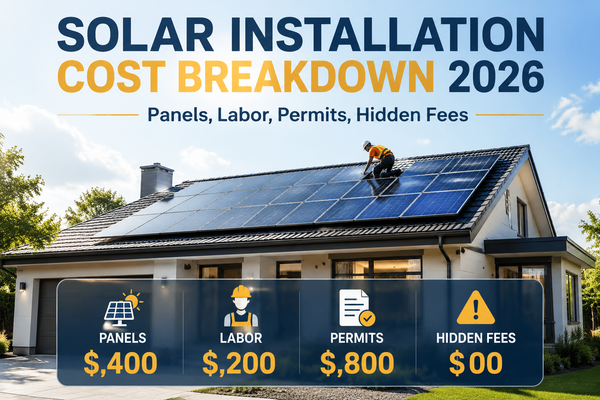 Solar installation cost breakdown 2026 cover: home rooftop installation, worker on roof, four cost callouts — panels, labor, permits, hidden fees.