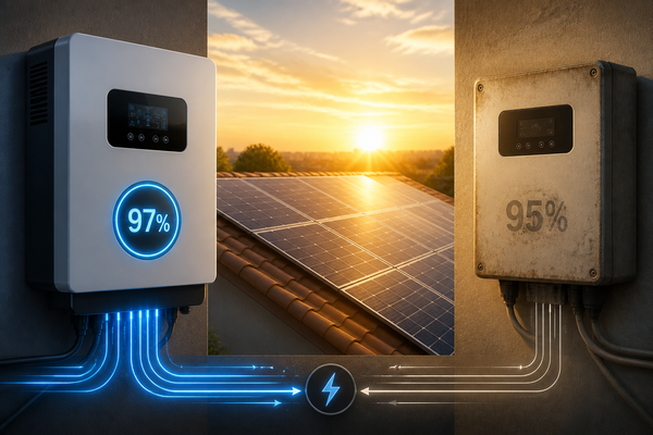 Side-by-side comparison of modern solar inverter with 97% efficiency badge versus older inverter at 95%, illustrating real-world energy production differences over 25 years