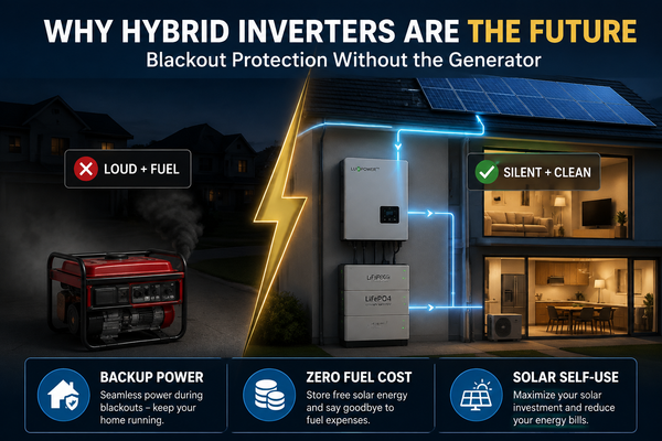 Hybrid inverter cover: LUXPOWER inverter + LiFePO4 battery keeps home lit during blackout vs smoky red generator, three benefit callouts.