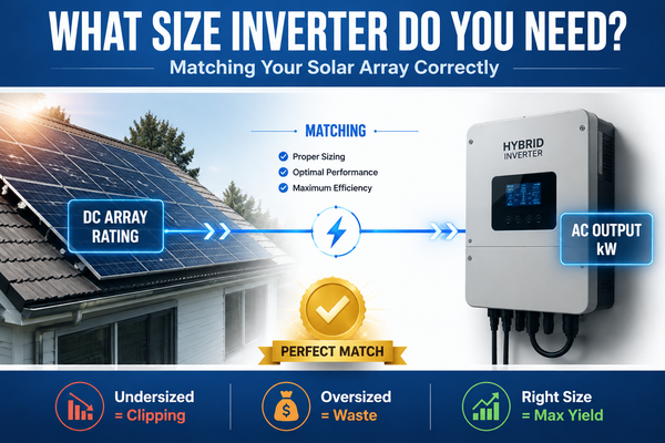 Inverter sizing cover: solar array DC RATING matched to hybrid inverter AC OUTPUT kW, energy flow, Perfect Match badge, three sizing callouts.