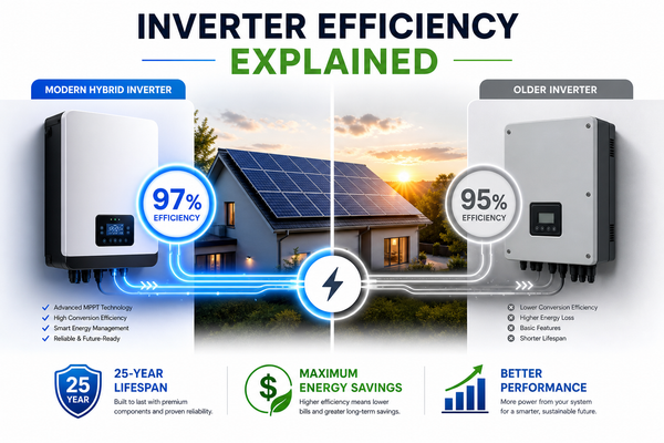 Inverter efficiency cover: 97% hybrid inverter vs 95% older unit, rooftop solar at sunset, 25-year lifespan and savings icons.