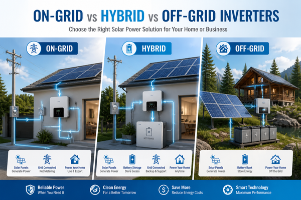 On-Grid vs Hybrid vs Off-Grid solar inverter comparison: three panel layout showing grid-tied, hybrid with battery, and off-grid system with battery bank powering cabin